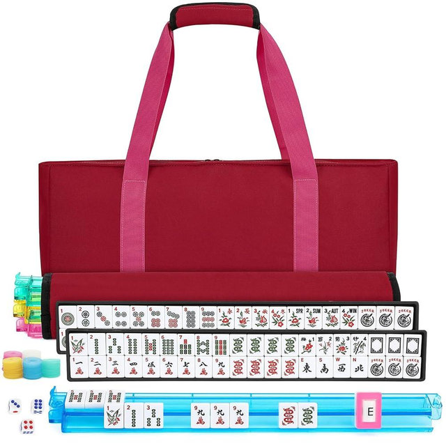 Marllifenney American Mahjong Tile Set,166 White Tiles Mahjong Set,4 Colors Mahjong Racks,Travel Mahjong Set with Red Carrying Bag
