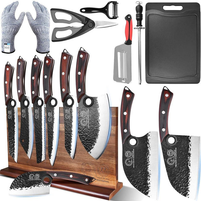 XYJ Knife Block Set, Professional Kitchen Knife Set with Magnetic Knife Block, Cutting Board, Honing Steel, High-Carbon Steel forged Blades, Chef's Knife, Cleaver, Carving Knife, Full Tang Design