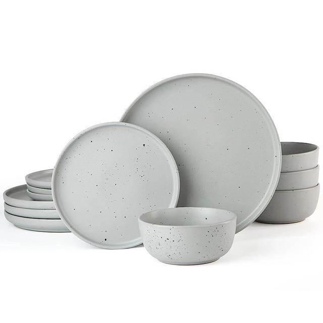 Famiware 12 Piece Plates and Bowls Sets, Spots Dinnerware Sets for 4, Matte Dish Set, Microwave and Dishwasher Safe, Light Gray