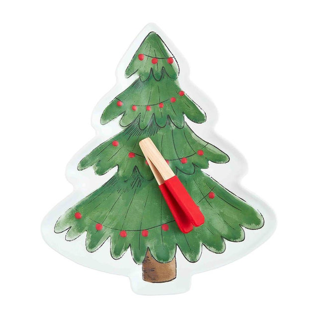 Mud Pie Christmas Tree Melamine Platter Set, platter 15" x 13" | tongs 6 1/2"