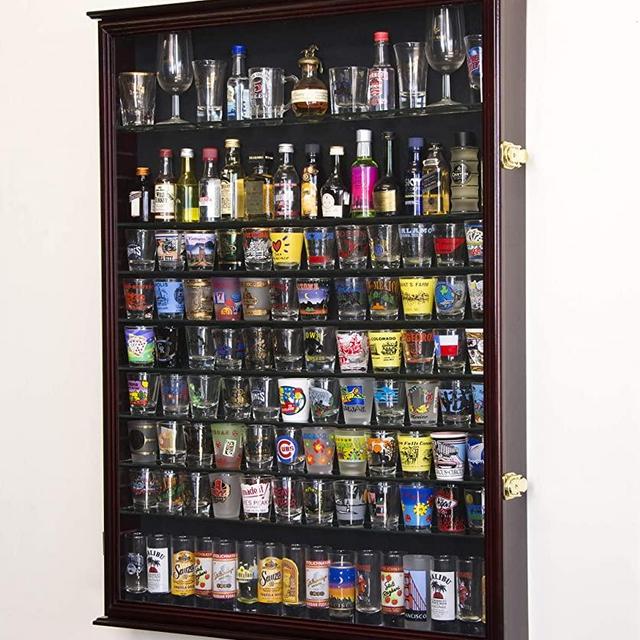 XL Shot Glass Display Case Rack Holder Cabinet for Tall Shooter and Mini Liquor Bottle