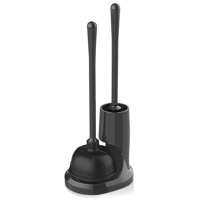 uptronic Toilet Plunger and Brush, Bowl Brush and Heavy Duty Toilet Plunger Set with Holder, 2-in-1 Bathroom Cleaning Combo with Modern Caddy Stand (Black, 1 Set)