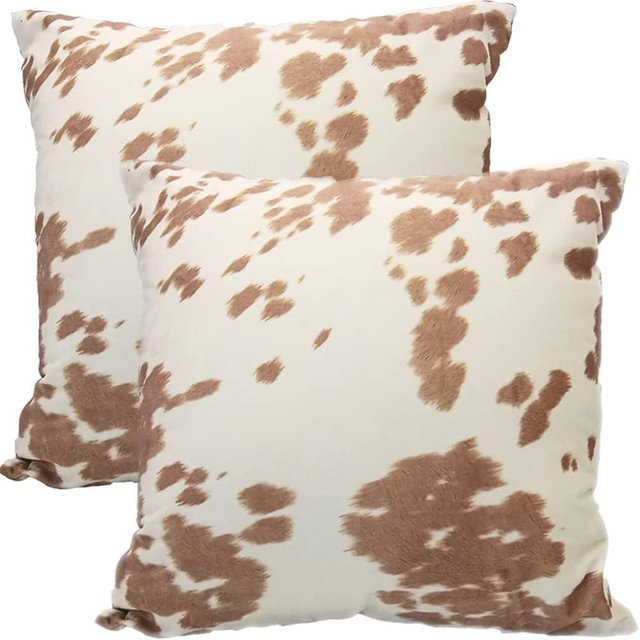 Entua Farmhouse Decorative Soft Velvet Throw Pillow Covers Set of 2, Beige 18x18 Inch Animal Skin Cow Cowhide Printing Square Country Farm Style Western Decor Pillowcases for Bed Car