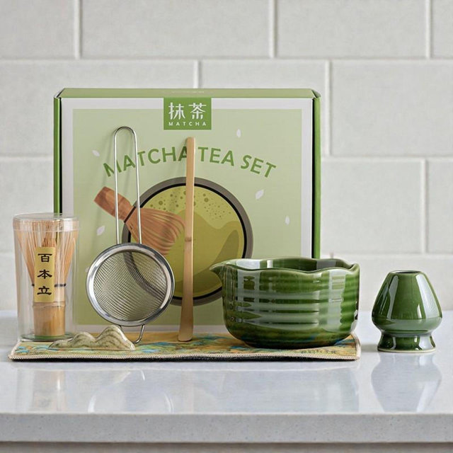 7-Piece Ceramic Matcha Tea Set, Threaded Chawan Bowl, Japanese Tea Ceremony Kit