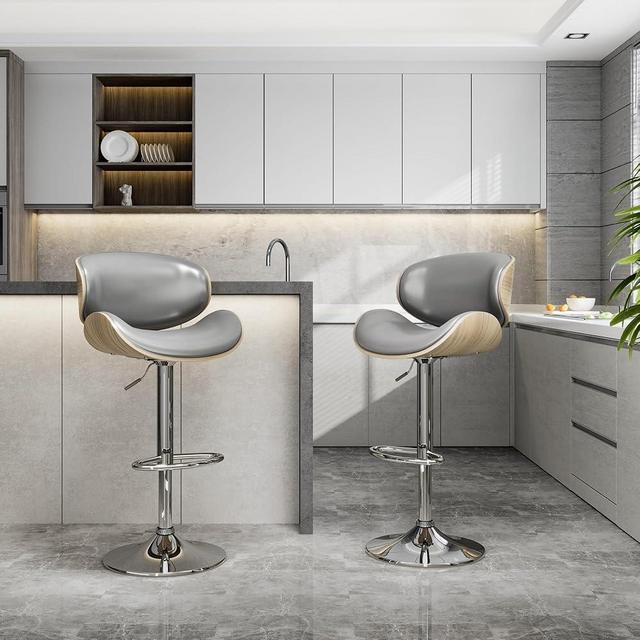 YaFiti Bar Stools Set of 2, Bentwood Adjustable Height Swivel Bar Stools, PU Leather Upholstered Bar Chair with Back and Footrest for Bar, Kitchen, Grey