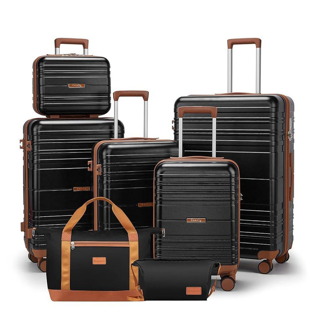 CASELLY Luggage Sets with spinner wheels, PC+ABS Hard Shell Travel Luggage,Lightweight Carry-on suitcases with TSA Lock,YKK Zippers (Black, 7 piece sets（14/18/20/24/28/DB/TB）)
