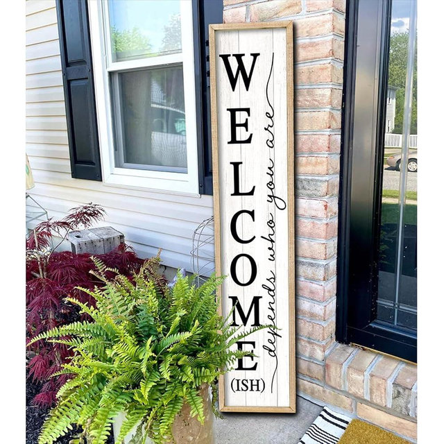 Surfapans Welcome-ish Sign for Front porch Standing Wood Frame Outdoor 45"X9" Large Vertical Funny Welcome Signs Home Outside Door Wall Decor (Wood White)