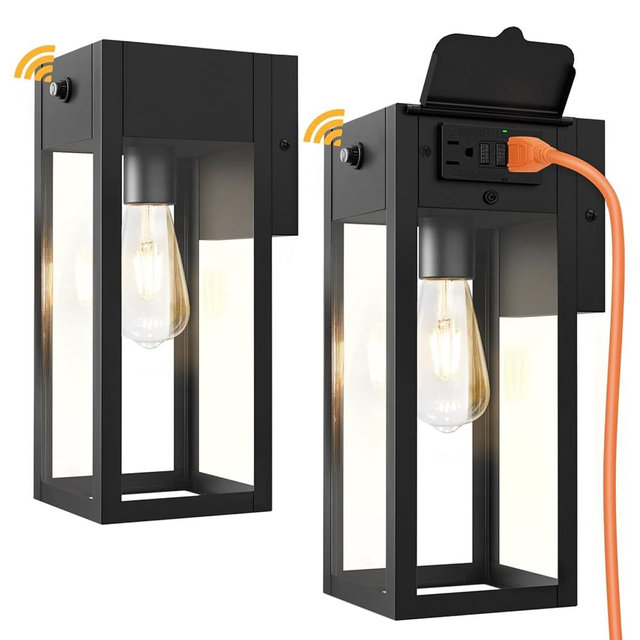 OYKYOHEI Dusk to Dawn Outdoor Light Fixtures Wall Mount, Outdoor Porch Lights with Outlet, Dusk to Dawn Outdoor Lighting for Doorway, Garage- Black