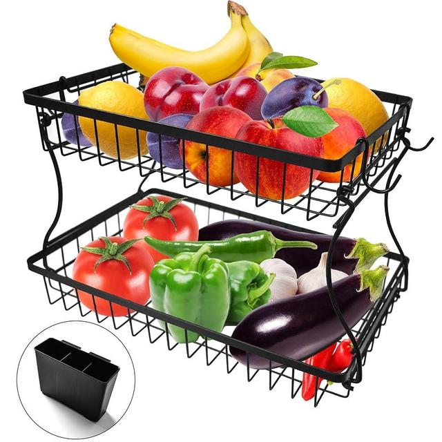 LRYANG 2 Tier Fruit Bowl Vegetable Basket with Banana Hanger for Kitchen Counter, Tiered Fruit Basket for Kitchen Countertop, Stainless Steel Fruit or Vegetable Holder for Organzier or Storage