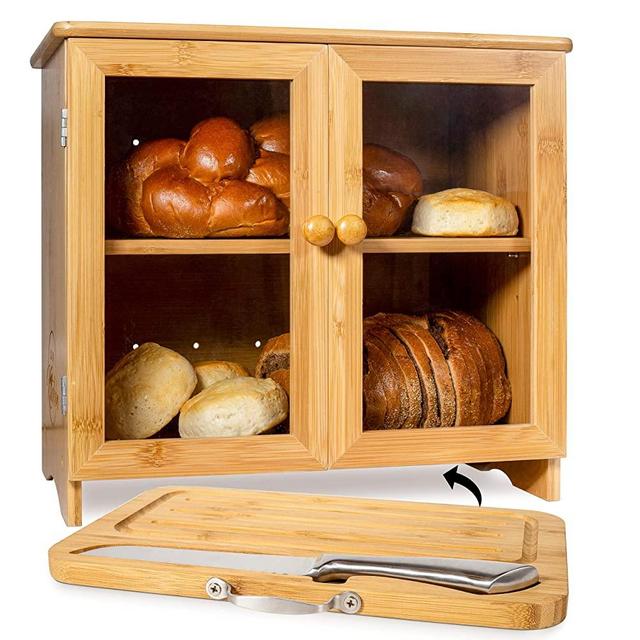 Luv UR Kitchen Large Bamboo Bread Box For Kitchen Countertop, Comes With Thick Bamboo Cutting Board And Stainless Steel Bread Knife. Rustic Bamboo Bread Box With Adjustable Shelf. (easy Self-assembly)