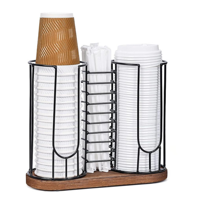 Coffee Cup Dispenser, 3 Compartment Disposable Cup and Lid Holder with Wood Base, Coffee Cup Organizer for Countertop Plastic Cup Station