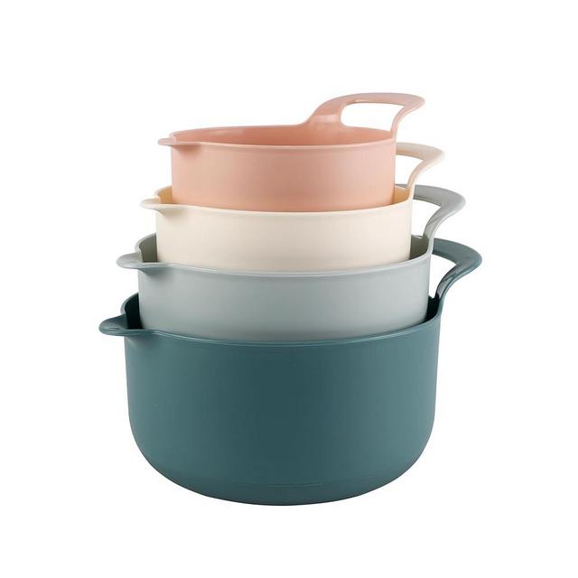 COOK WITH COLOR Non-Slip Mixing Bowls - 4 Piece Nesting Plastic Mixing Bowl Set with Pour Spouts and Handles-Measurement Markings (Teal and Pink)
