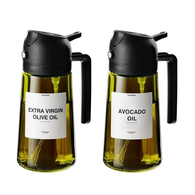 TrendPlain - 16oz Olive Oil Dispenser for Kitchen - 2 in 1 Olive Oil Dispenser and Oil Sprayer - Olive Oil Dispenser Bottle w/Stickers - Olive Oil Sprayer for Cooking 2Pcs Black (Light Blockage)