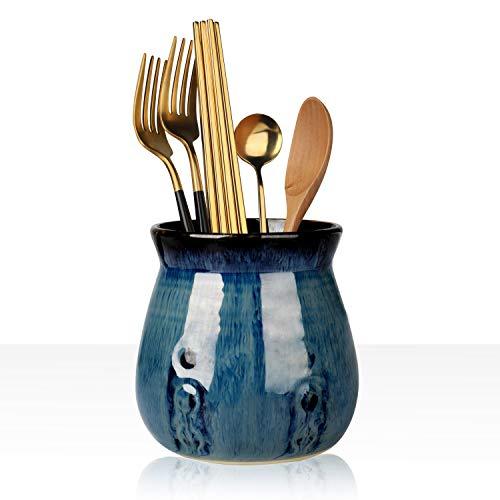 MUZITY Ceramic Utensil Holder,Porcelain Utensil Crock Porcelain Vase Easy to Clean - 30oz,Gradient Blue