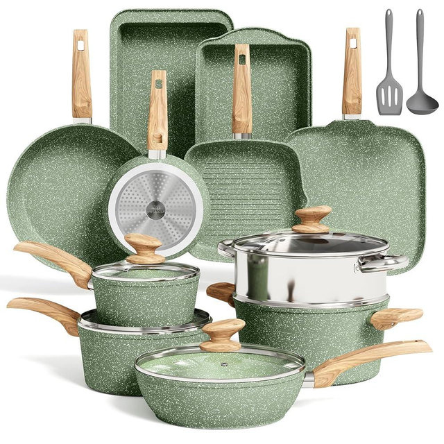 MAISON ARTS 17 Piece Green Pots and Pans Set Non Stick Granite, Non Toxic Induction Kitchen Cookware Sets, Pan and Pot Sets for Cooking Nonstick