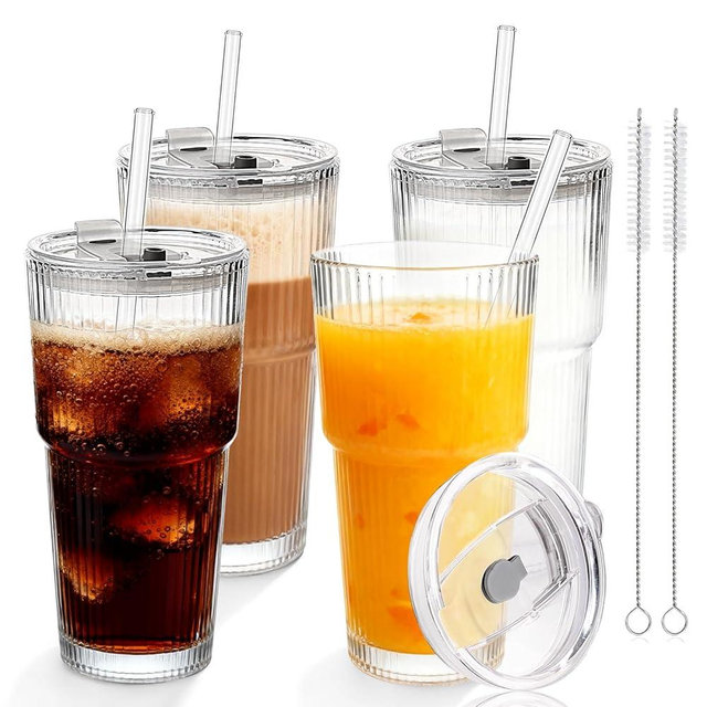 Elitrivox 20oz Glass Tumblers with Lids and Straws,Ribbed Drinking Glasses for Iced Coffee Cups, Juice, Smoothies, Cold Beverages，4pack