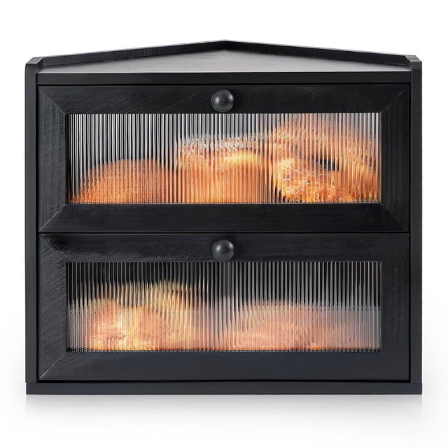 Sunhoo Bread Box for Kitchen Countertop Corner Large Wooden Bread Bin 2 Tier Rustic Food Storage Container with Acrylic Window Farmhouse Keeper Shelf Organizer for Loaves Pastries & Snacks (Black)
