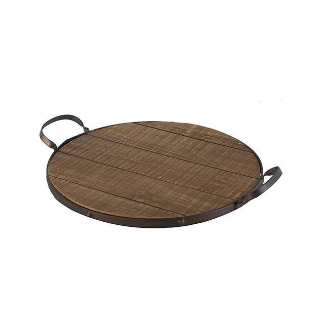 NIKKY HOME 14" Farmhouse Iron and Wood Round Serving Tray with Metal Handle Decorative Tray for Kitchen