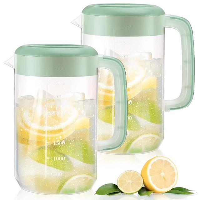 2Pcs 1 Gallon/4L Plastic Pitcher with Lid Large Clear Water Carafe Jug Ice Tea Pitcher Lemonade Juice Beverage Jar with Strainers Cover Handles Measurements for Hot Cold Coffee Drinks (Green)