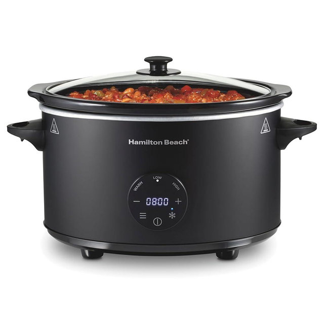 Hamilton Beach 6 Quart Set & Forget Programmable Slow Cooker with Defrost Function, Flexible Programming, Adjustable Countdown Timer, Large Dishwasher Safe Stoneware Crock and Glass Lid, Black (33765)