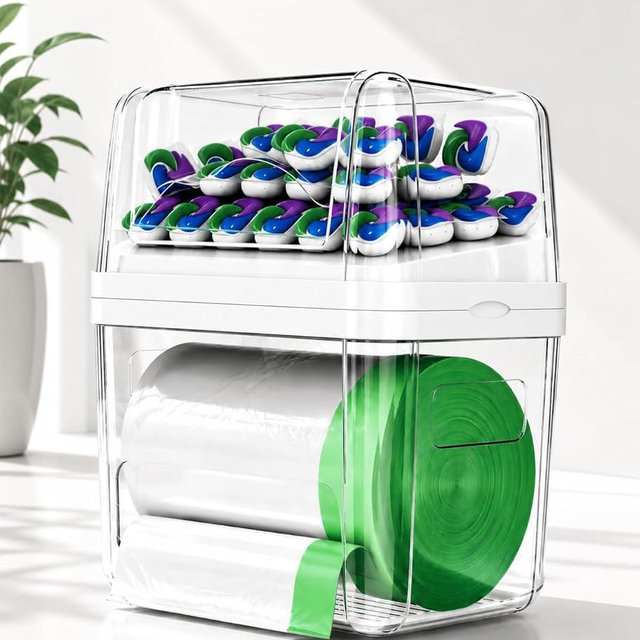 Trash Bag Dispenser & Dishwasher Pods Organizer, Clear Acrylic Garbage Bag Holder Under Sink Organizer With Removable Lid, Laundry Pods Container for Kitchen Pantry Laundry Room