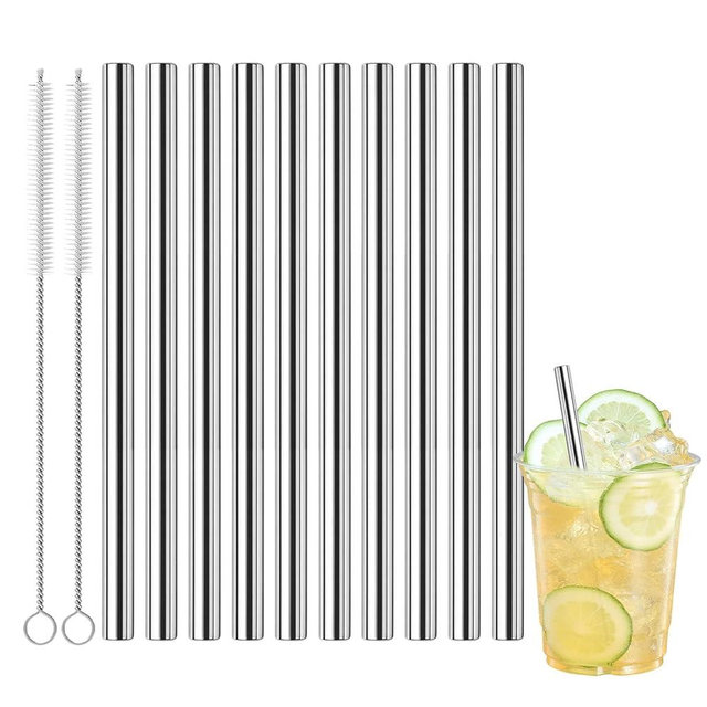 10 Pcs Short Metal Straws, 6 in x 8 mm Metal Straws Reusable Stainless Steel Straws Straight with 2 Cleaning Brush, Reusable Short Drinking Straw for Cocktail Coffee Mugs Small Glasses Cups