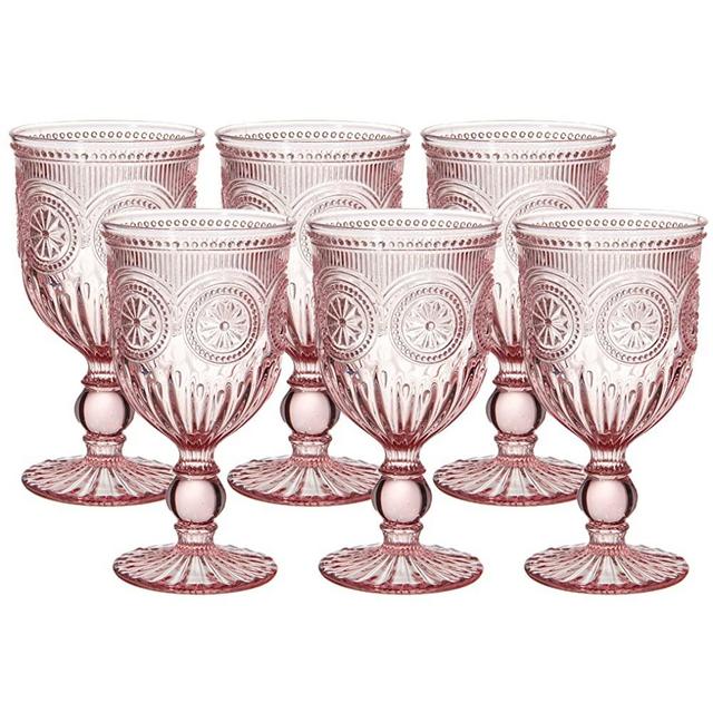 Kingrol 6 Pack Vintage Water Goblets, 10 oz Wine Glasses, Mixed Drink Glasses, Romantic Pink Drinkware Set for Wedding, Party, Daily Use