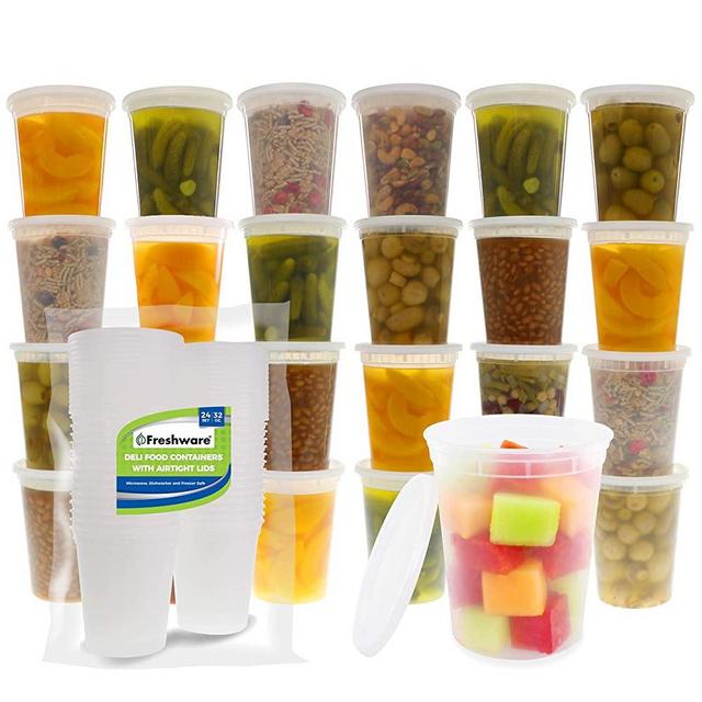 Freshware Food Storage Containers [24 Set] 32 oz Plastic Deli Containers with Lids, Slime, Soup, Meal Prep Containers | BPA Free | Stackable | Leakproof | Microwave/Dishwasher/Freezer Safe
