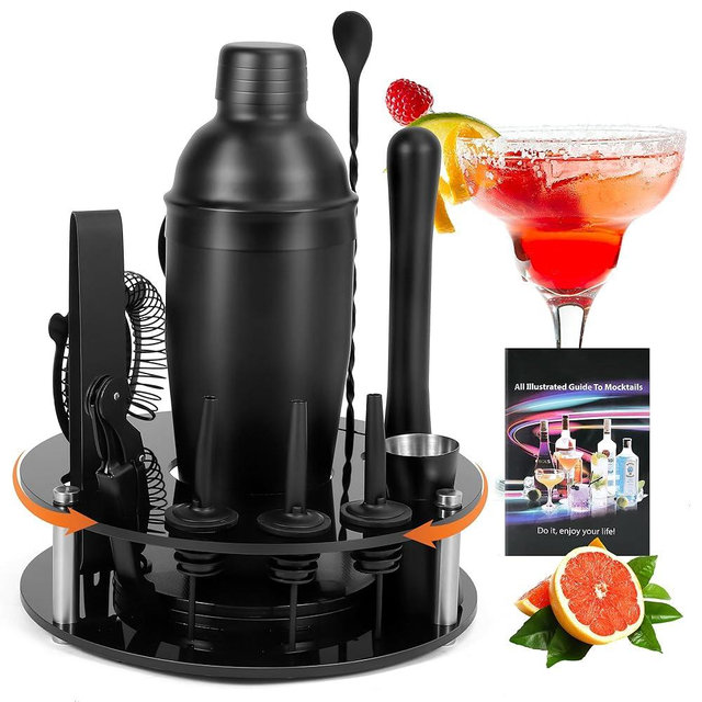 TONGTAIWQTJQ Bartender Kit,Cocktail Shaker Set 13-Piece Bar Tool Set with Acrylic Rotatable Stand for The Home,Bar（Frosted Black）