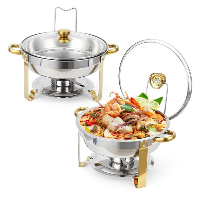 GarveeHome Chafing Dish Buffet Set 2 Pack 5 QT, Stainless Steel Round Chafing Dishes for Buffet With Lid Holder & Glass Lid, Buffet Servers and Warmers for Parties, Wedding, Camping, Dinner, Gold