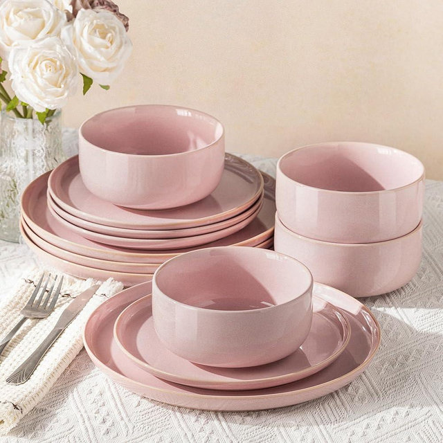 TheTerra Ceramic Dinnerware Sets for 4, 12 Pieces Handmade Reactive Glaze Plates and Bowls Set, Scratch Resistant Dish Set, Oven & Microwave & Dishwasher Safe, Sakura Pink