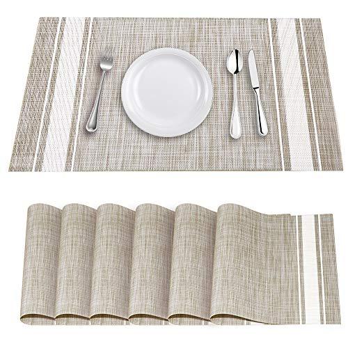 YOSICHY Table Mats Set of 6 Crossweave Woven Vinyl Placemats Heat Resistant Non-Slip Kitchen Placemats for Dining Table Washable Easy to Clean(White)
