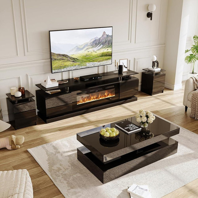 Nordivale 4-Piece Modern Living Room Table Set, Includes High Gloss 70" Fireplace TV Stand, LED Coffee Table and End Tables Set of 2 with Storage Drawers, Black