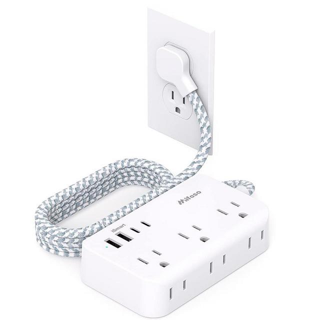 Power Strip Flat Extension Cord - 6 Outlets and 4 USB (2 USB C), 5Ft Braided Cord with Ultra Thin Flat Plug, Wall Mount, Overload Protection, Compact for Travel, Cruise Ship, and Dorm Room Essentials