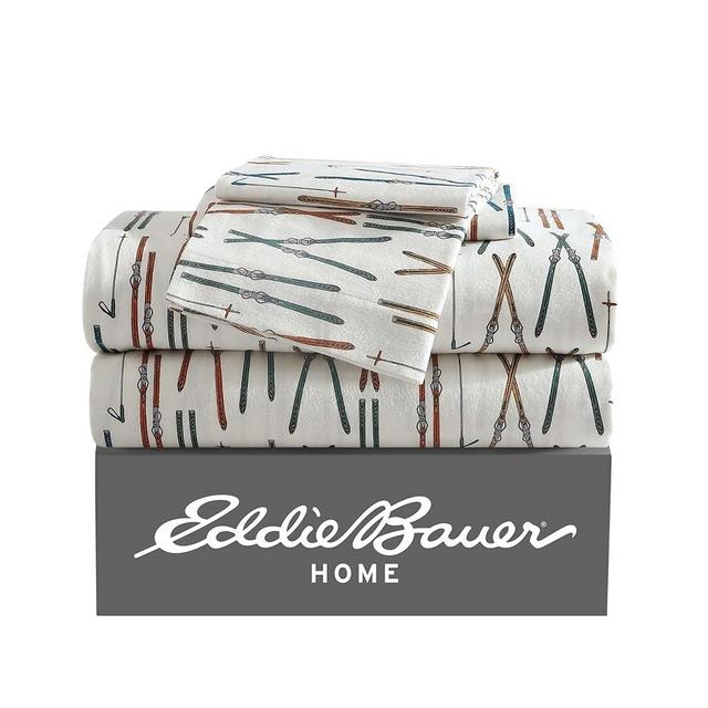 Eddie Bauer - King Sheets, Cotton Flannel Bedding Set, Brushed for Extra Softness, Cozy Home Decor (Ski Line White, King)