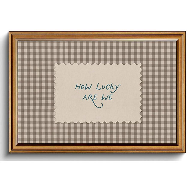 WZGZXU Vintage Gold Framed Wall Art How Lucky Are We Wall Decor Gingham Canvas Art Inspirational Pictures Painting Quotes Artwork Prints For Livingroom Classroom 16x24in