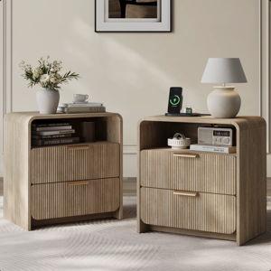 25''H 2-Drawer Nightstand With Charging Station, Modern Fluted Bedside Cabinet For Bedroom, Curved Profile Design - Brown, Set of 2