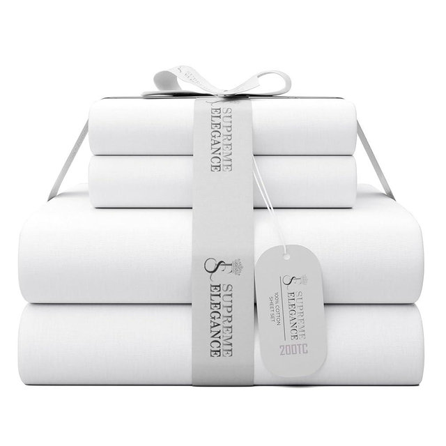 SUPREME ELEGANCE King Arctic White 100% Cotton Sheet Set, Lightweight & Breathable, 4Pc Cool & Crisp Percale Bedding Set with Deep Pocket (1 Flat Sheet, 1 Fitted Sheet, 2 Pillowcases)