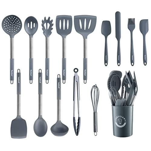 ChefGiant Silicone Kitchen Utensils Set | 15-Piece Stainless Steel Cooking Tool Kit with Holder, Spatula, Ladle, Pasta Server, Tongs, Whisk & More | Heat Resistant, BPA Free, Dishwasher Safe | Grey