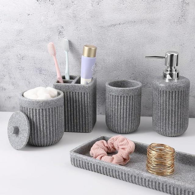 Resin Grey Bathroom Accessories Set 5 Pcs, Lotion Soap Dispenser Toothbrush Holder Bathroom Tumbler Cotton Swab Jar and Multifunctional Tray, Bathroom Organizer Accessory for Modern Home Decor