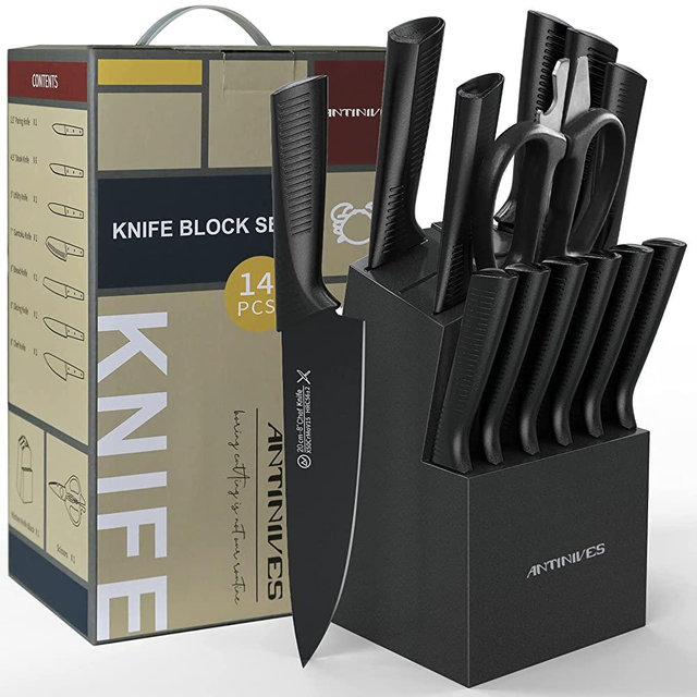 ANTINIVES Black Knife Block Sets, 14 Pcs German Stainless Steel Knife Sets for Kitchen with Block, Kitchen Knife Sets with Built-in Sharpener, Ergonomic Handle with Non Stick Black Coating