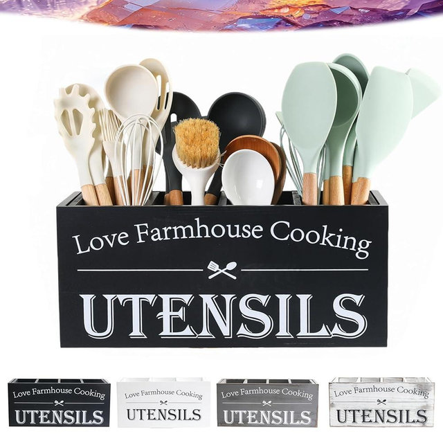 LIBODOUR Kitchen Utensil Holder,Farmhouse Wooden Utensil Holder For Kitchen Counter,Extra Large Cooking Spatula Organizer,Big Storage With 4 Compartments Flatware Spoon Tool Cutlery（Black）