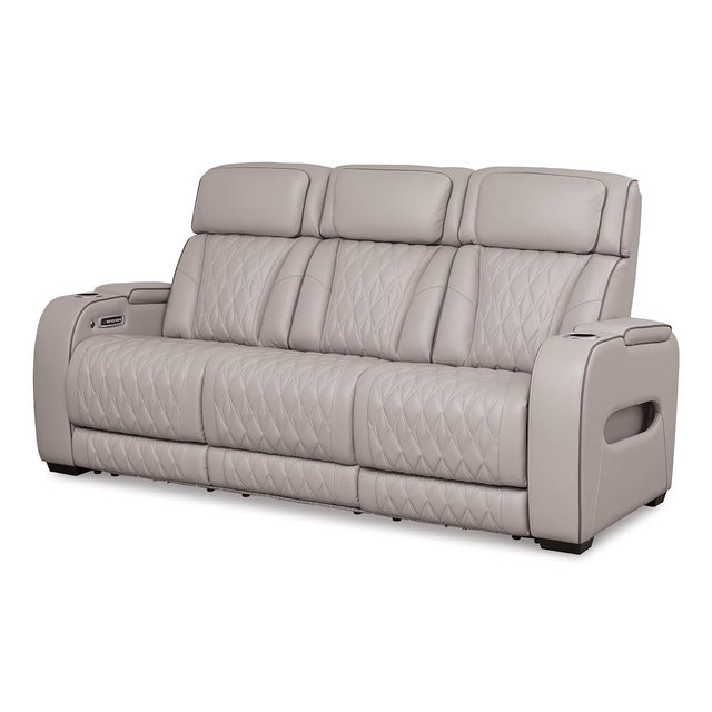 Signature Design by Ashley Boyington Contemporary Leather Match Power Reclining Sofa with USB Charging Ports, LED Lights and Adjustable Headrest, Light Gray