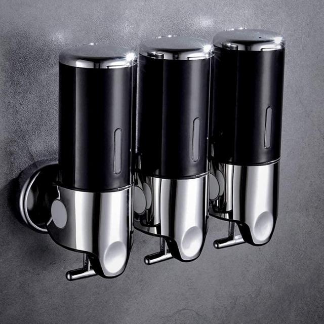 prosfalt 3 in 1 Chamber Wall Mounted Bathroom Shower Pump Dispenser and Organizer-Holds Shampoo, Soap, Conditioner, Shower Gel, for Bathroom Kitchen Hotel (3 Chamber, Black)