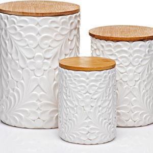 Engraved Design Kitchen Canisters Set of 3 with 74 Oz, 36 Oz, and 18 Oz - White Storage Jars for Countertop with Airtight Bamboo Lids - Large Flour Tea Coffee Sugar Spices Container - Decorative