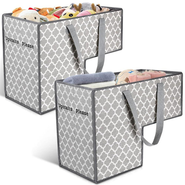 Stair Basket for Stairs Storage, 2-Pack Collapsible Stair Baskets for Carpeted Stairs or Wooden Stairs, Staircase Basket for Clothes Toy Book Organizer, Decorative Baskets for Stair Home Organizers