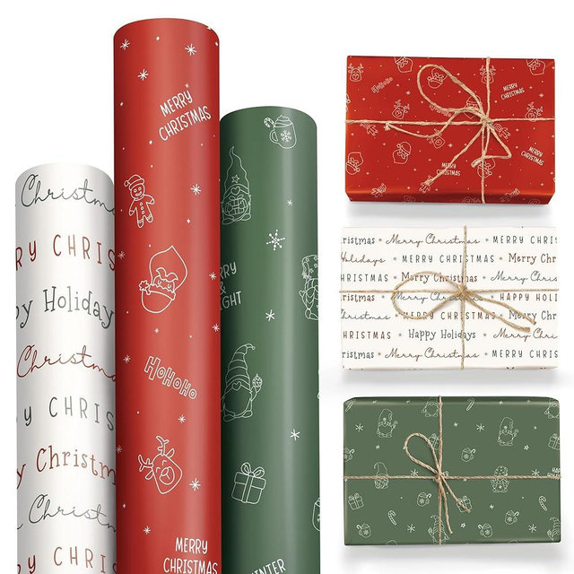 BrightenKidz Set of 3 Christmas Wrapping Paper Rolls, Gift Wrapping Paper for Small & Medium Gifts, Aesthetic Elegant Cute Classic Designs, Holiday Gift Wrap, 17 x 120 inches Per Roll (3 Rolls)