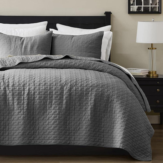 palassio Dark Grey 100% Cotton Quilt King Size Bedding Sets with 2 Pillow Shams, Textured Lightweight Soft Bedspread Shabby Chic Coverlet, Quilted Comforter Bed Cover for All Season, 3 Pieces
