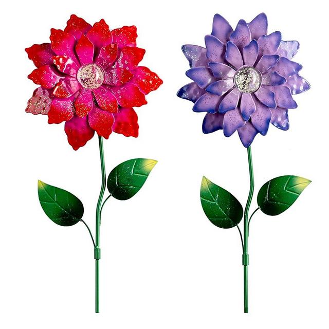 YEAHOME Metal Flower Garden Stakes, 26 Inch Shaking Head Sunflowers Glow in Dark Pistil Yard Fall Decor Art, Indoor Outdoor Lawn Patio Autumn Decorations, Set of 2(Red, Purple)