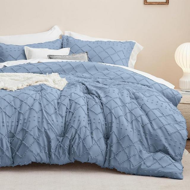 Bedsure Queen Comforter Set - Grayish Blue Comforter, Boho Tufted Shabby Chic Bedding Comforter Set, 3 Pieces Vintage Farmhouse Bed Set for All Seasons, Fluffy Soft Bedding Set with 2 Pillow Shams